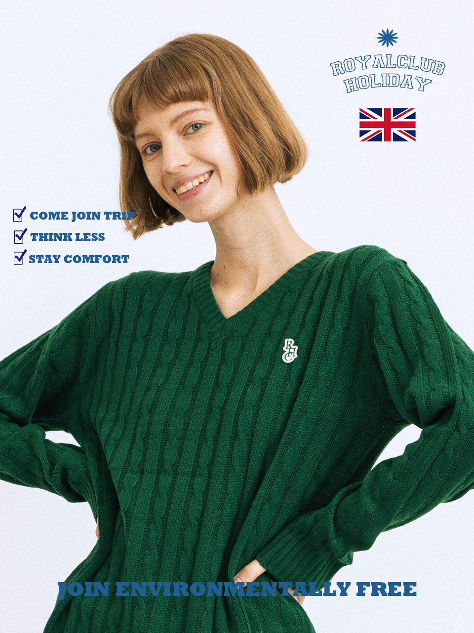 RCH mark v neck cable knit sweater green