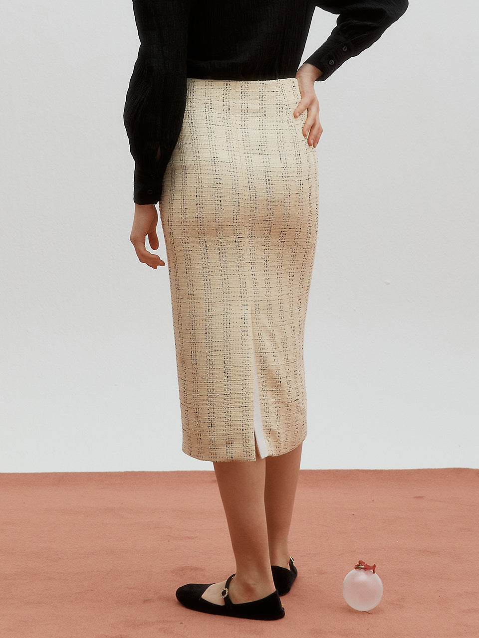 Tweed back slit skirt - Custard yellow