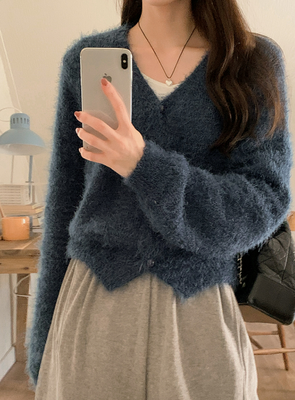 Soft Hairy V-neck Knit Cardigan (7color)