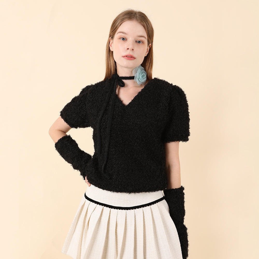 Feminine Puff Knit Warmer Set Black