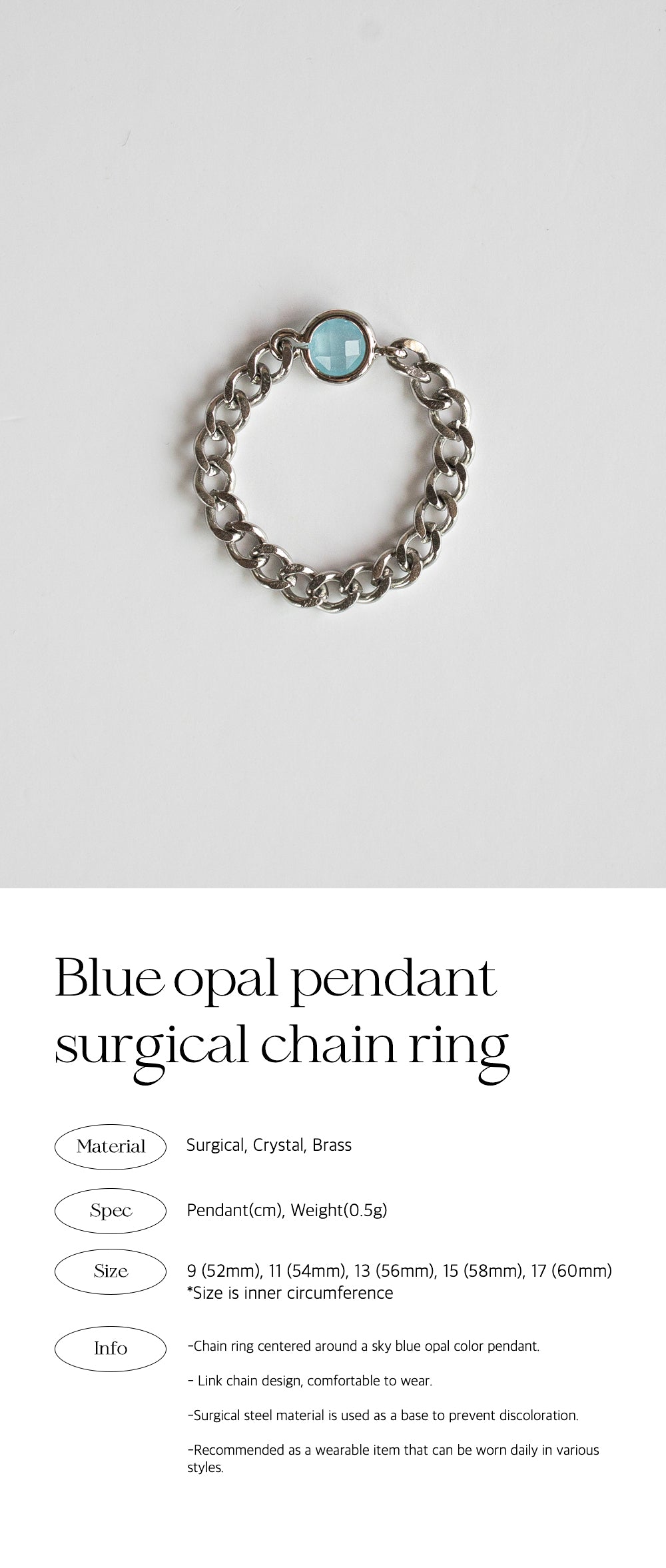 Blue opal pendant surgical chain ring