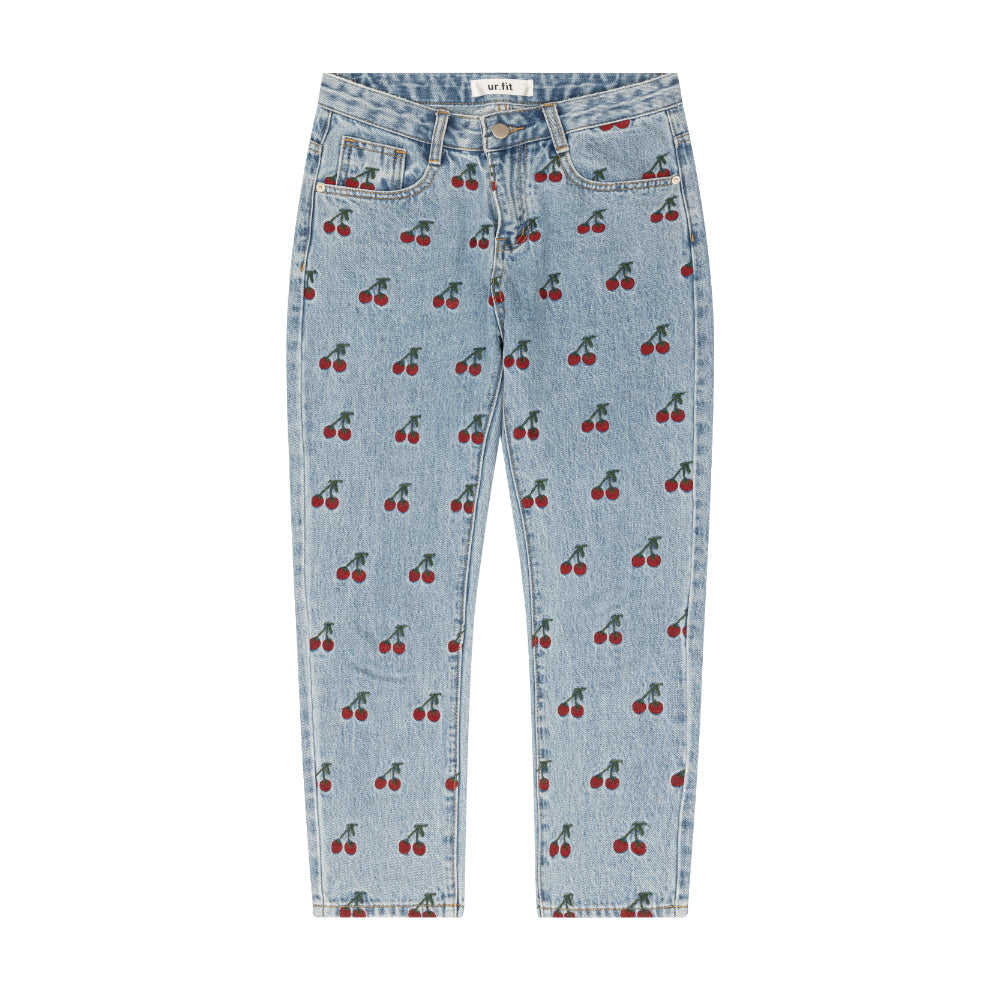 STRAIGHT FIT CHERRY EMBROIDERY DENIM PANTS [6851]