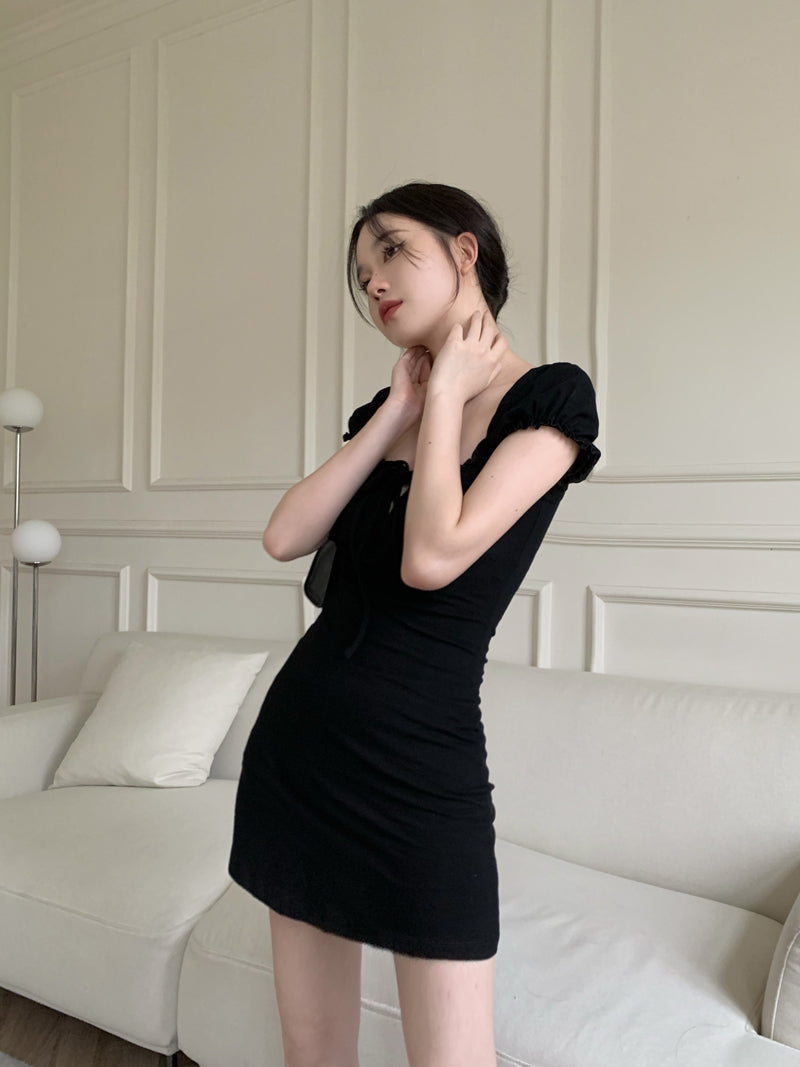 Black bustier mini shirring dress