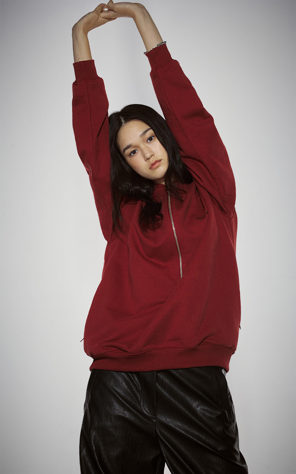 HAIF-ZIP HOODIE (LONG)_DARK RED