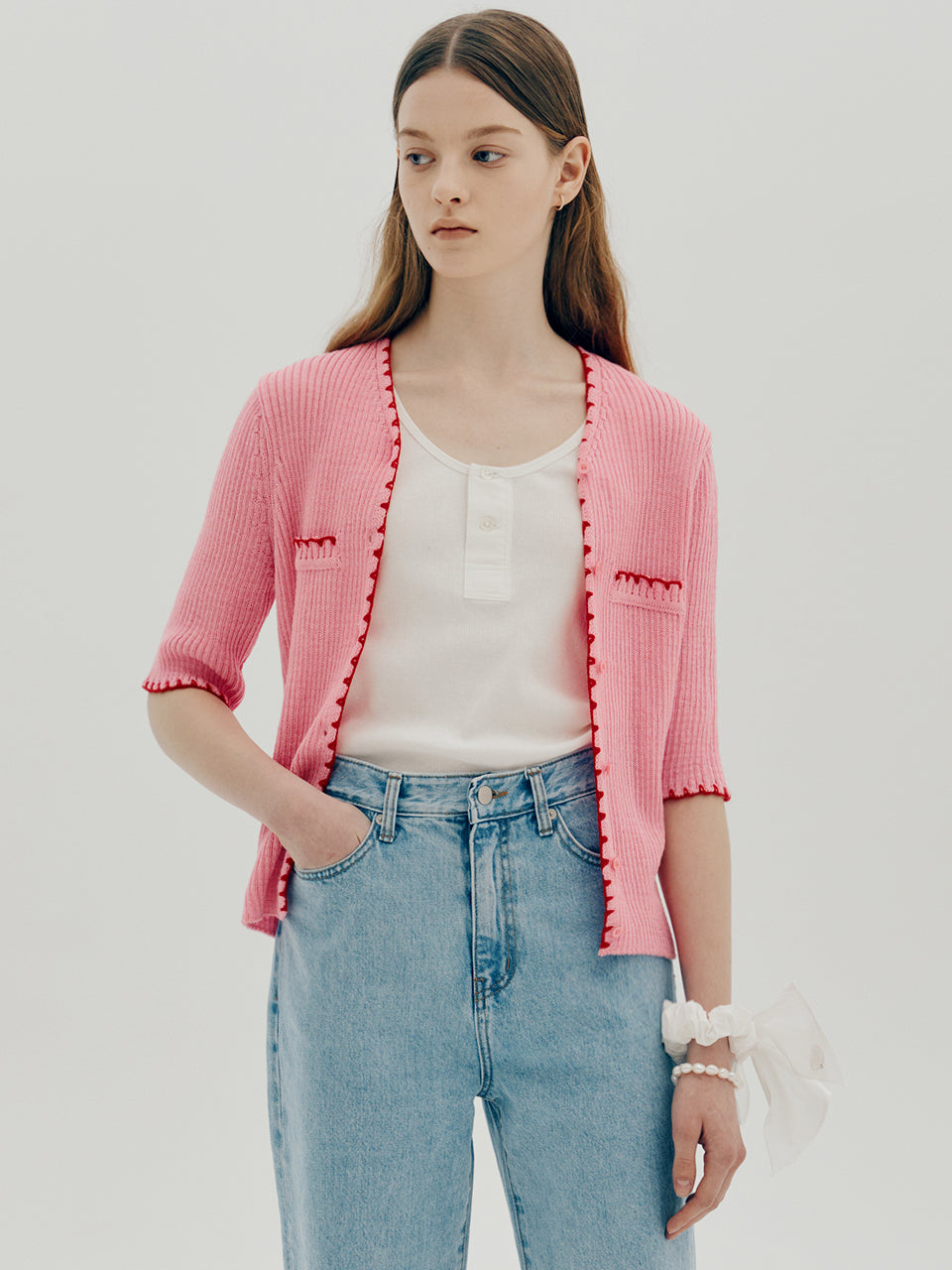 Linen embroidery cardigan - Pink