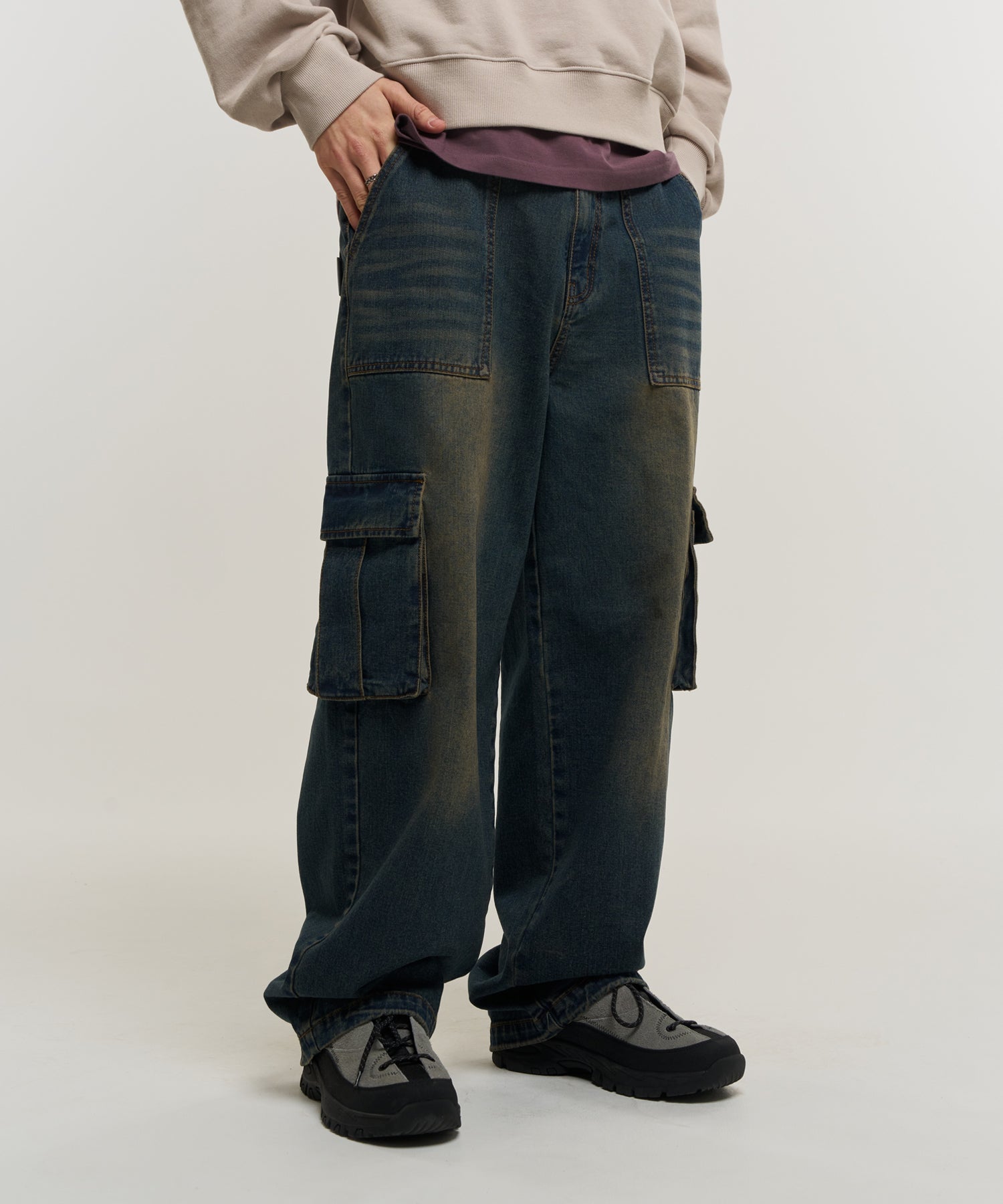 Vintage Cat Washed Cargo Denim Pants - Dark Blue