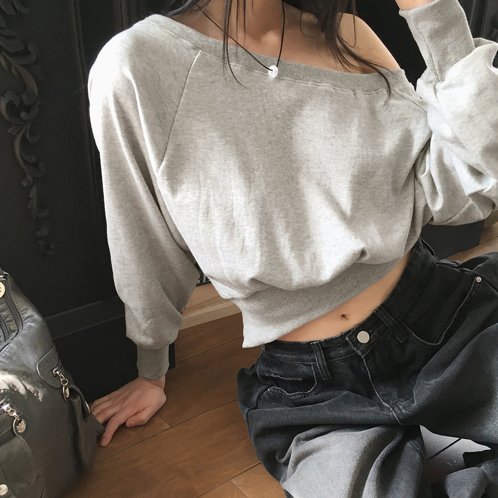 Haidin off-shoulder slit crop long sleeve sweatshirt