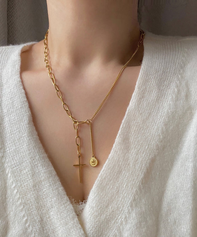 soe Cross Coin Two Way Bold Short Long Necklace