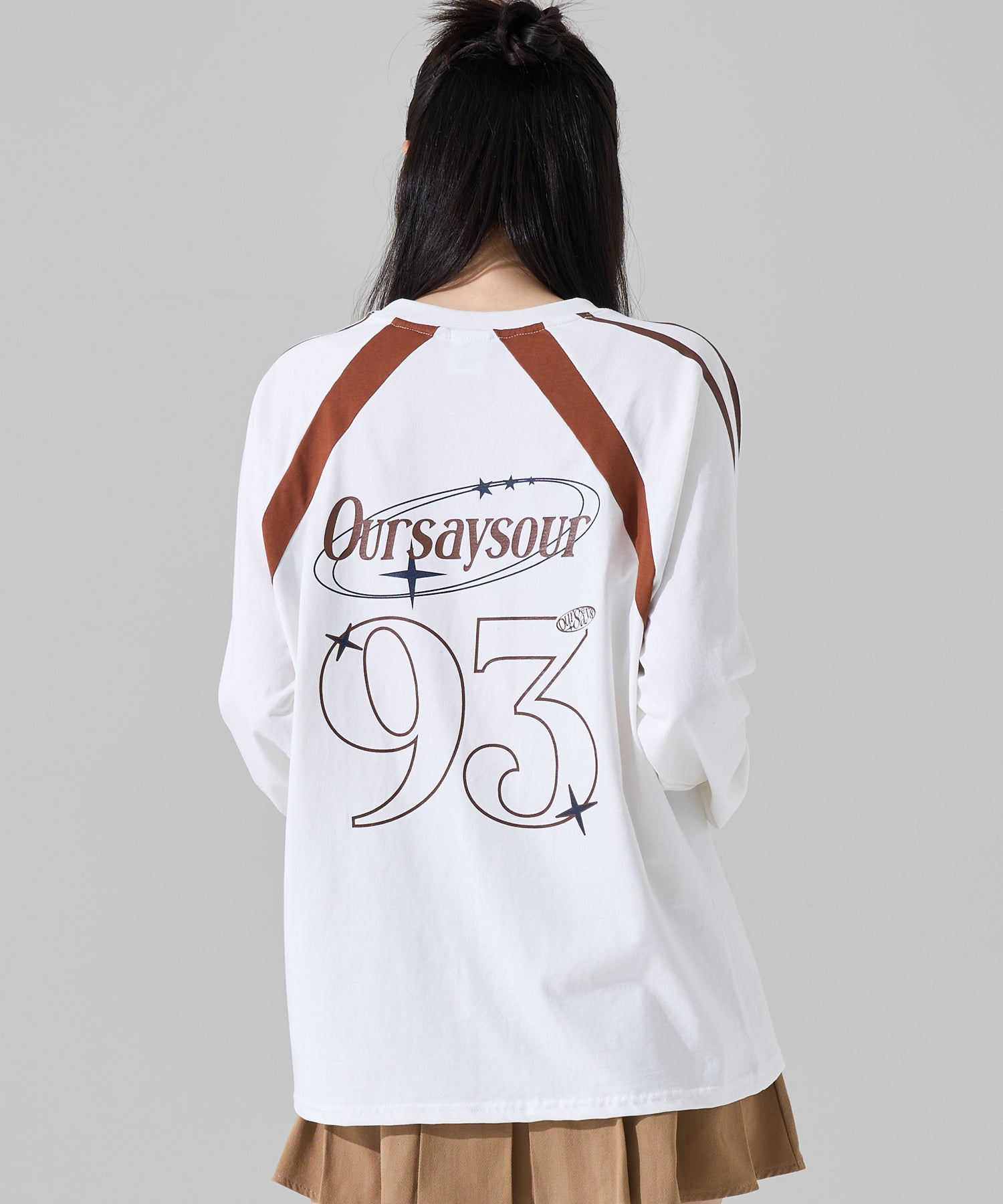 Love color combination line silk jacket long sleeve t-shirt Ivory/Brown