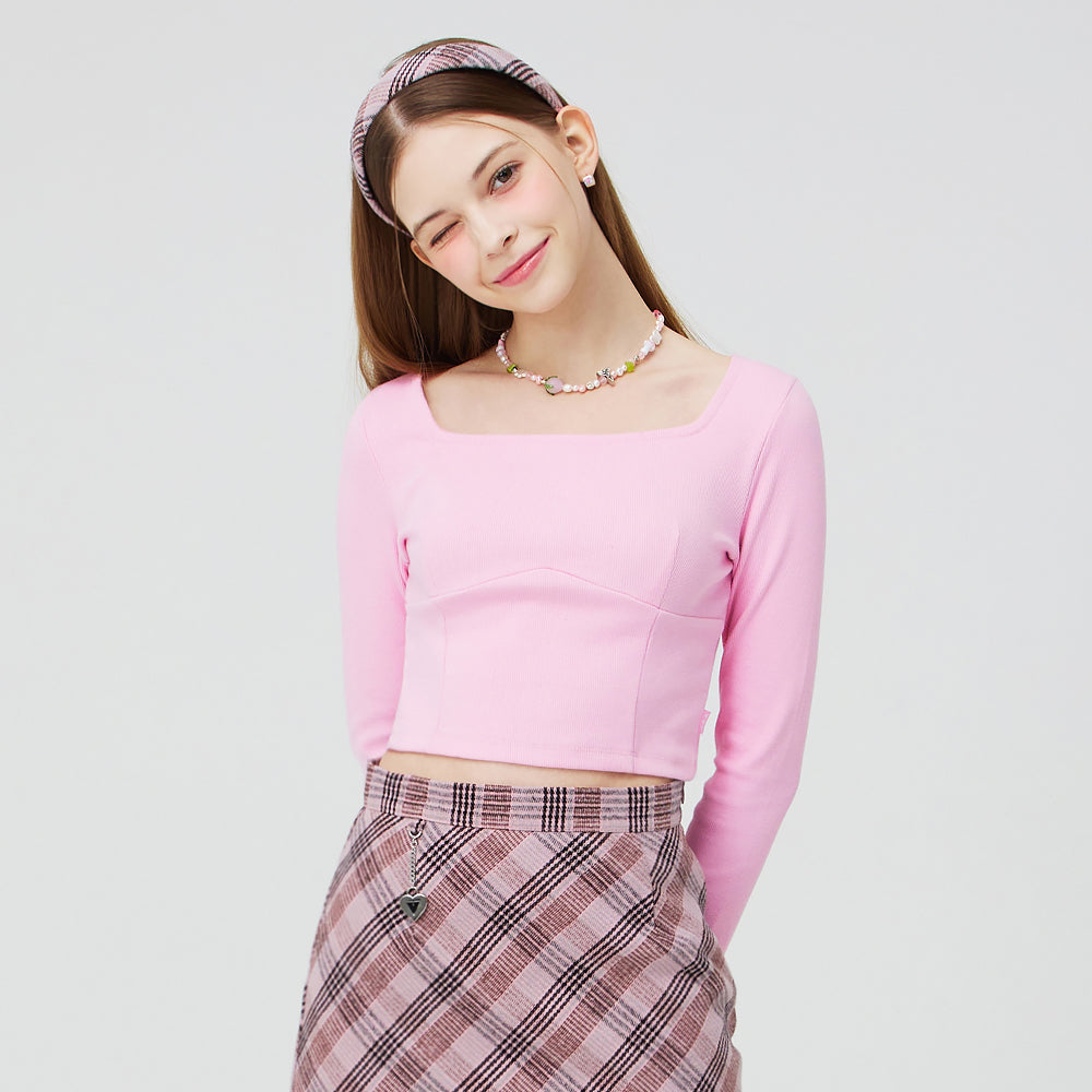 SQUARE NECK LONG SLEEVE CROP TOP _ PINK