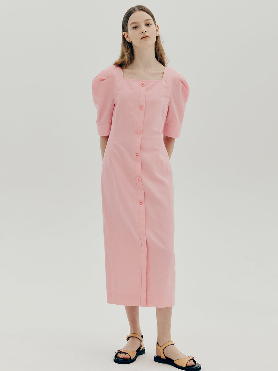 Linen square neck dress - Pink