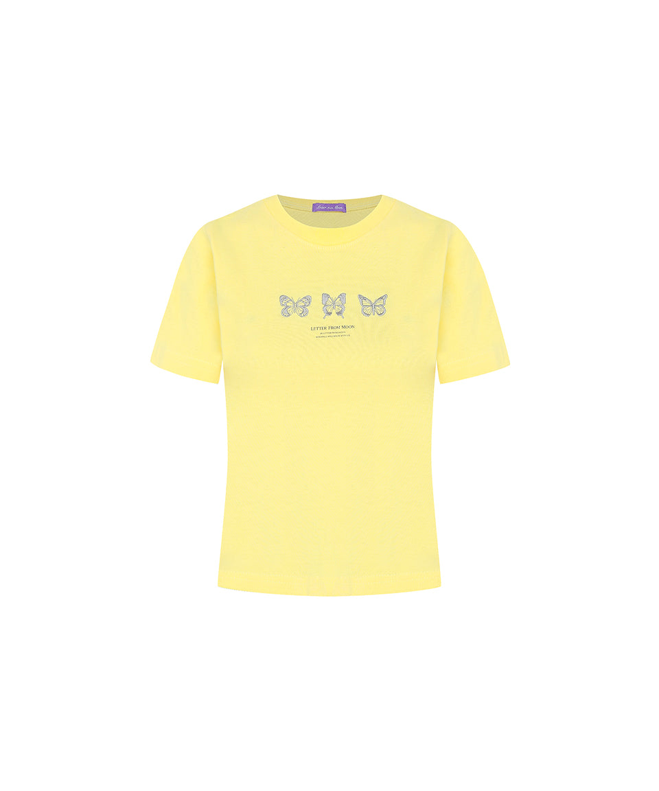 Triple Butterfly Crop Short Sleeve T-shirts ( Lemon )