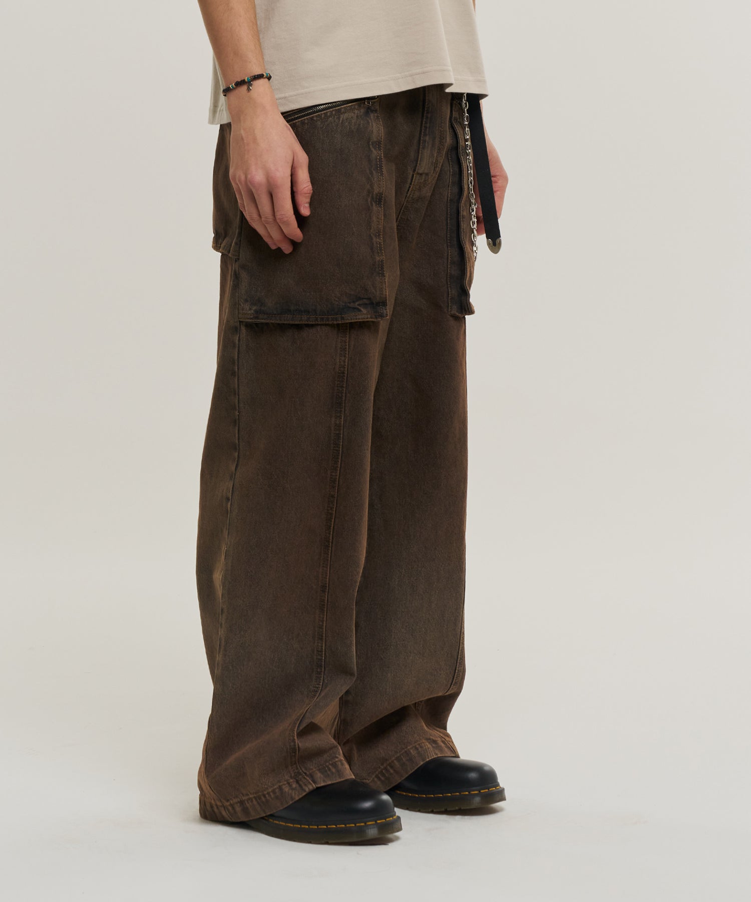 Big pocket washed denim pants - washed brown