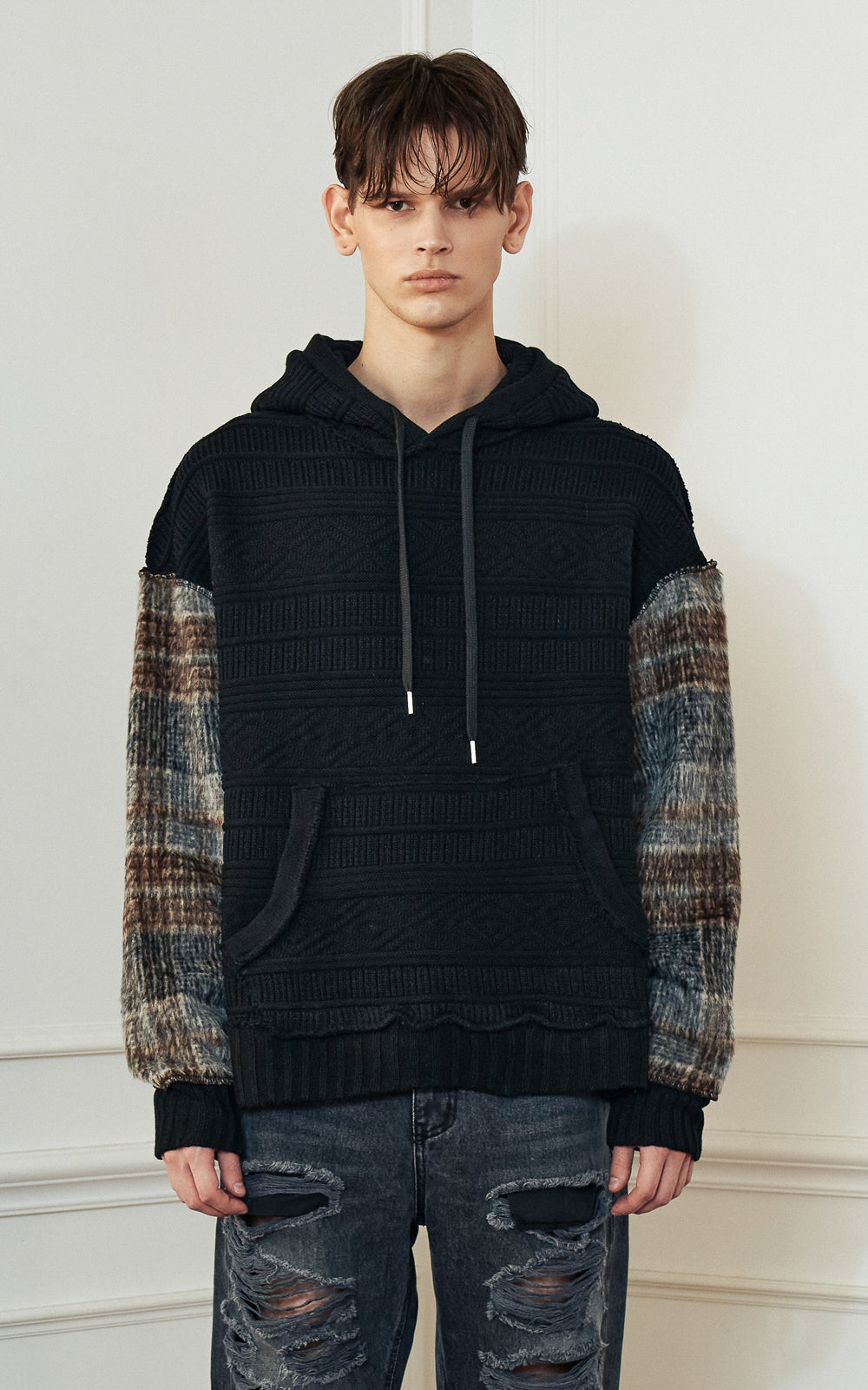 FABRIC CONTRAST WOOL KNIT HOODIE_[BLACK]