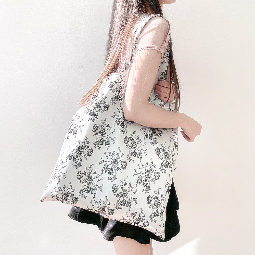 Rose Embroidery Satin Eco-bag (L/White Silver)