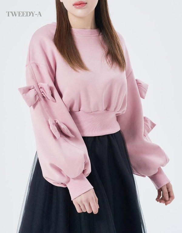 Roman two ribbon sleeve cropped round neck sweatshirt