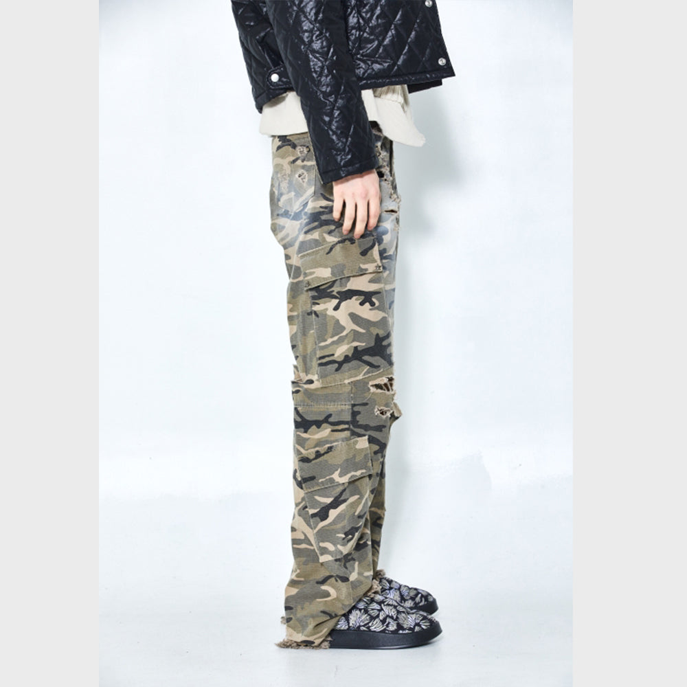 Bluesf Semi-Flare Destroyed Camo Cargo Pants