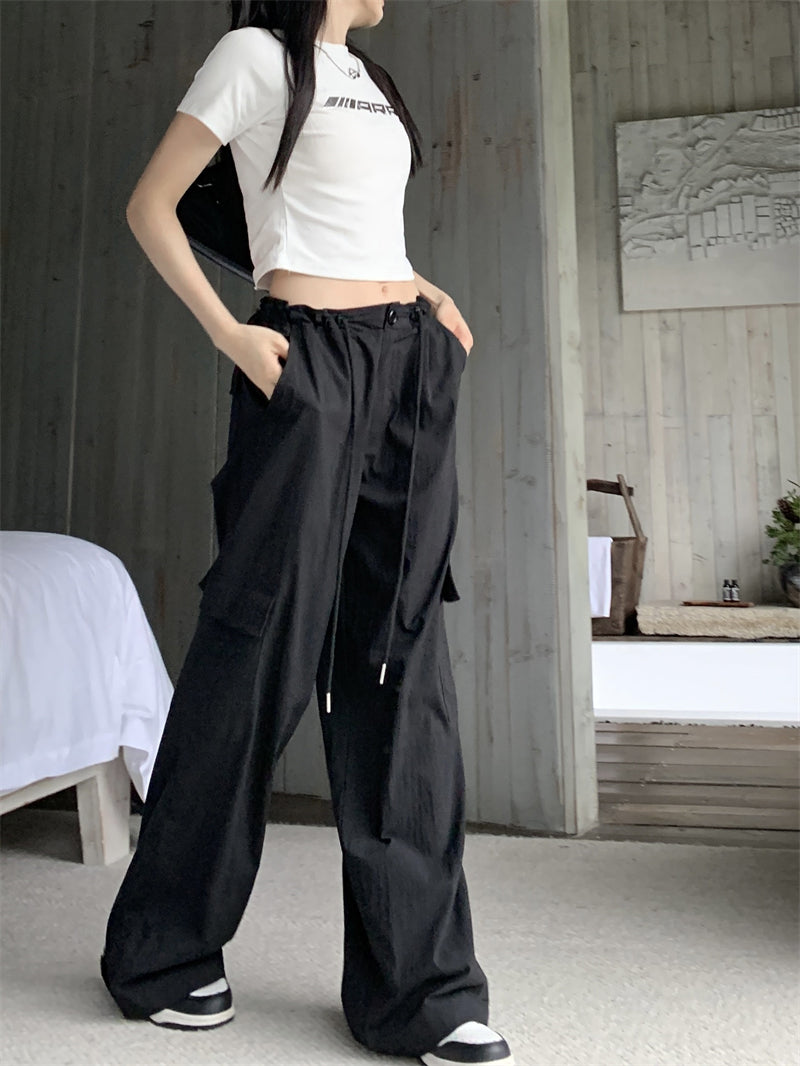 Black nylon long strap cargo pants