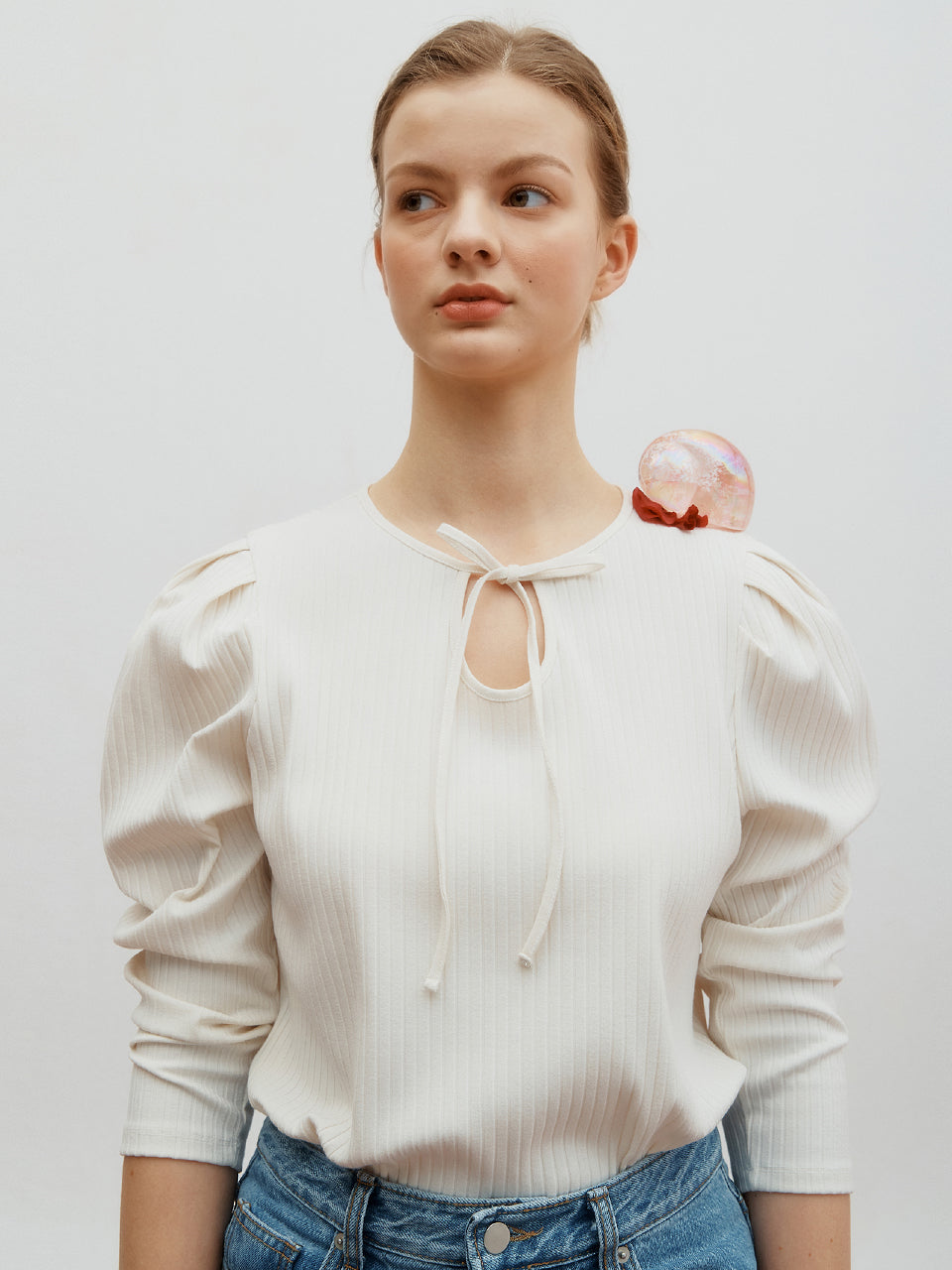 Ribbed  puff top - Ivory