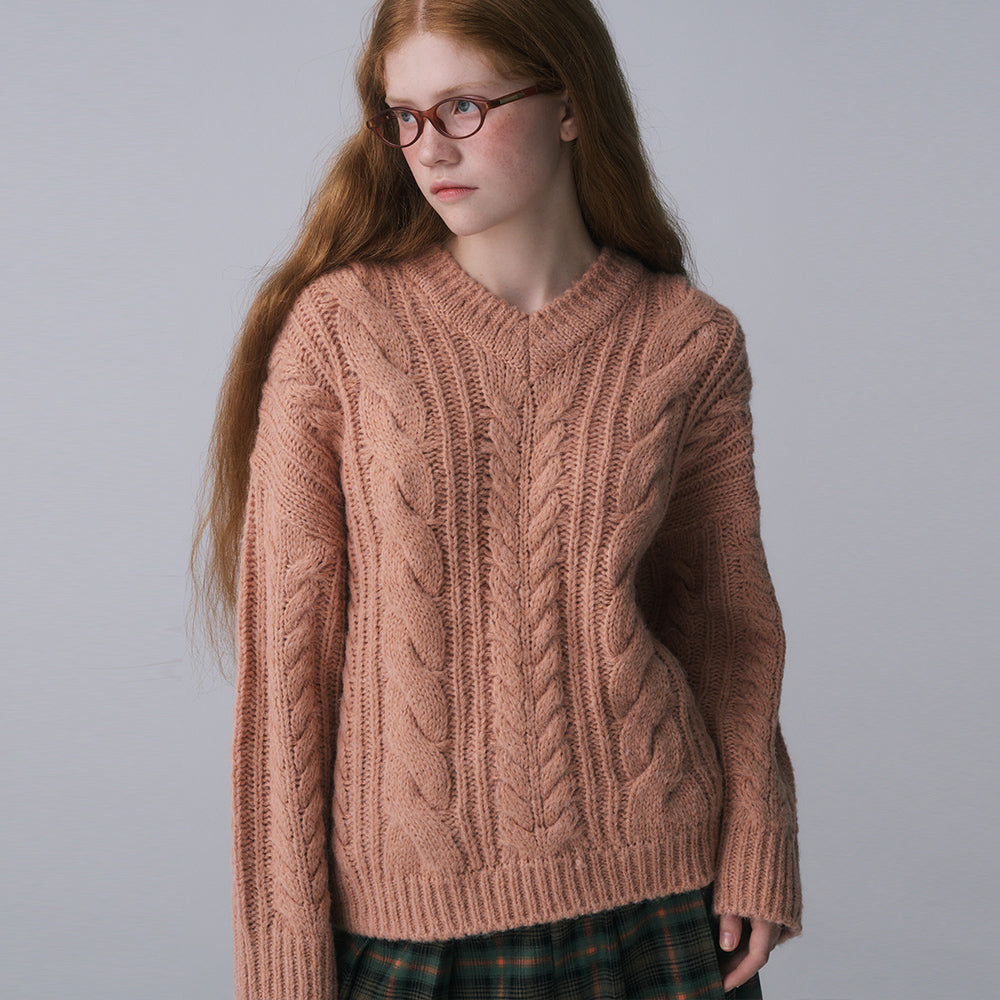 V-NECK CABLE KNIT PULLOVER, APRICOT