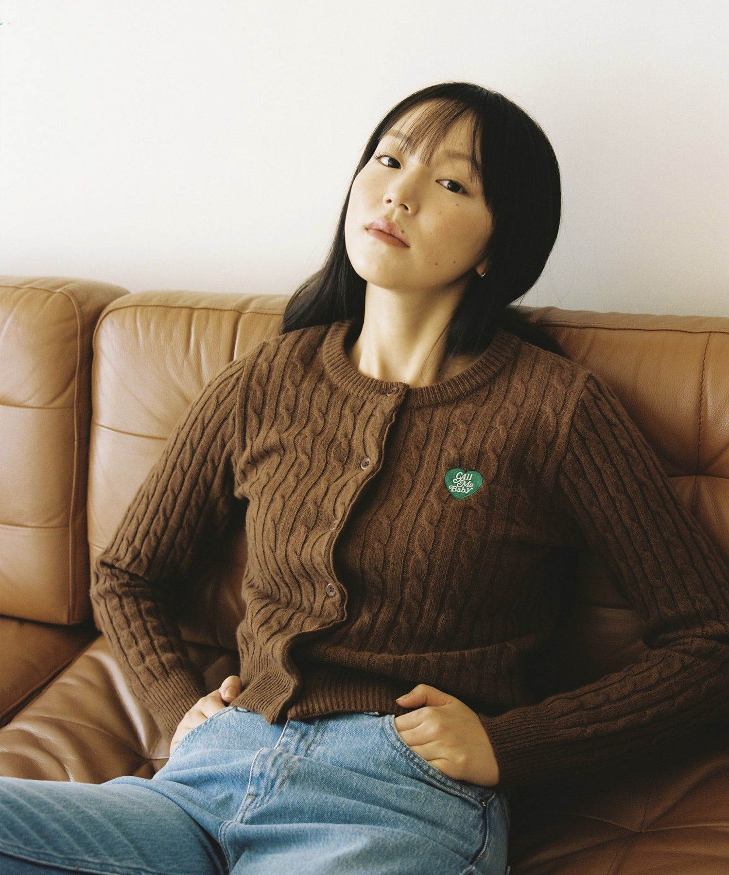 Heart Logo Cashmere Cable Cardi (Brown)