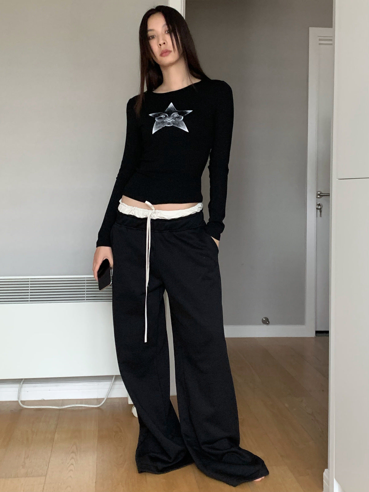 Layered banding black wide pants