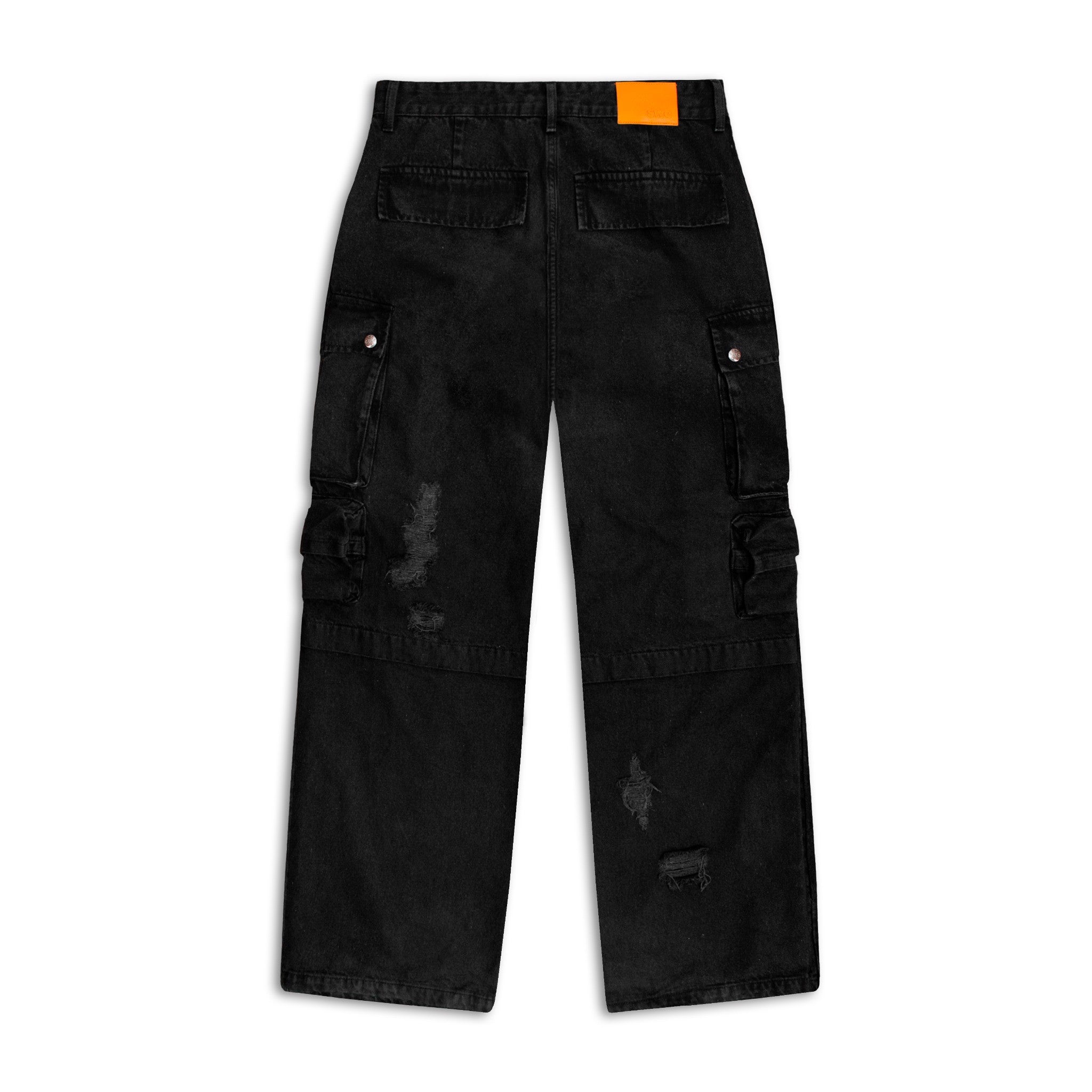 RIPPED CARGO JEANS - BLACK