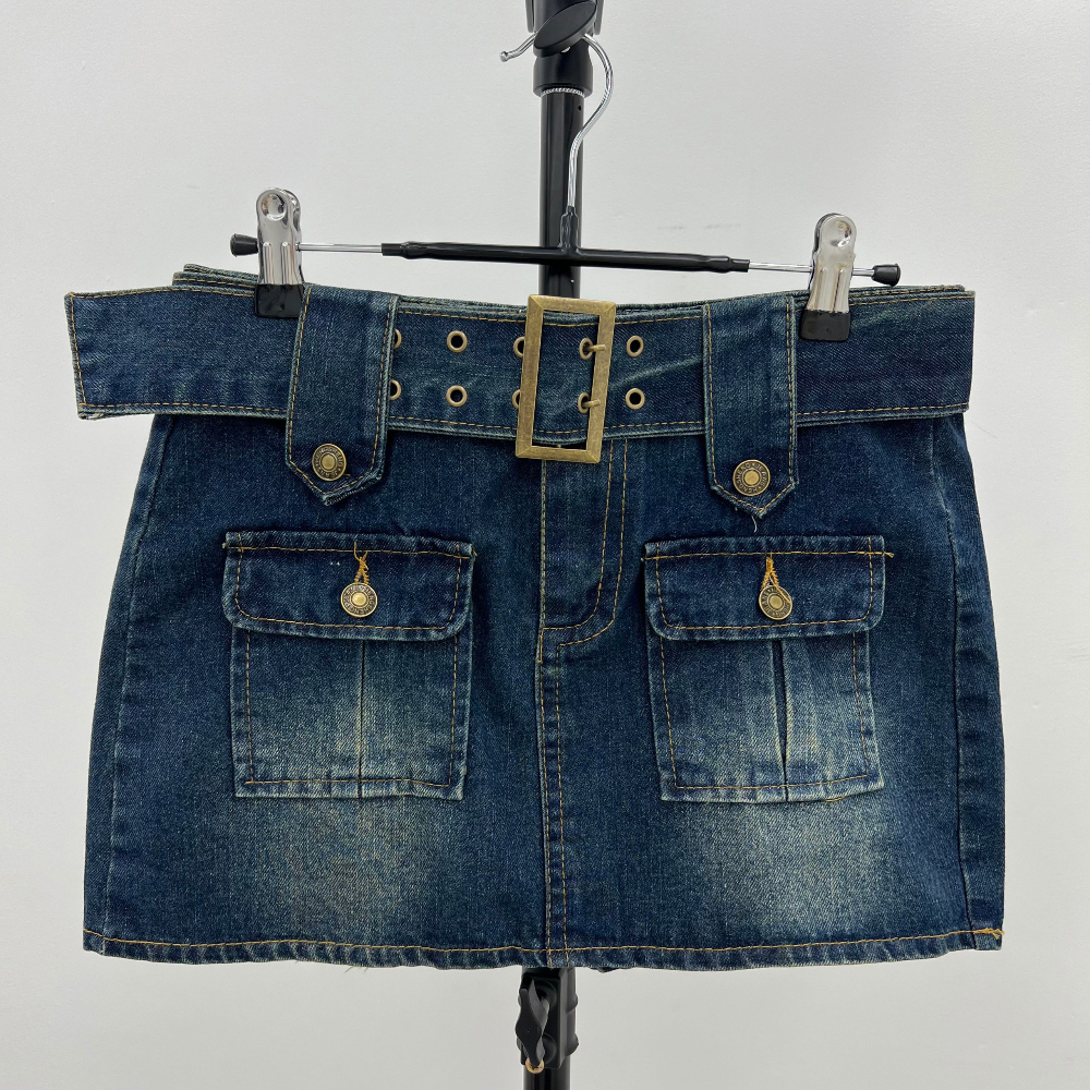 Y2K cargo denim two pocket belt mini skirts (2 color)