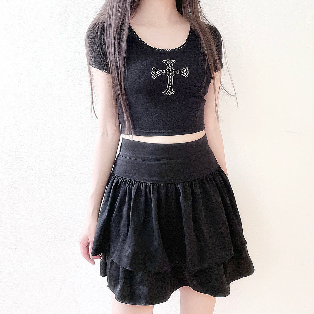 Sparkling Cubic Lace Crop T-Shirt (Black)