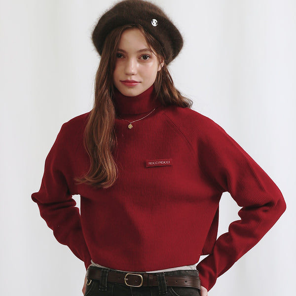 Turtle Neck Crop Knit Top [RED]