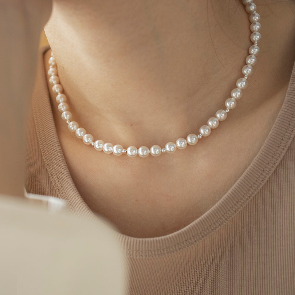 [Jessica] Pearl and 925 silver ball necklace