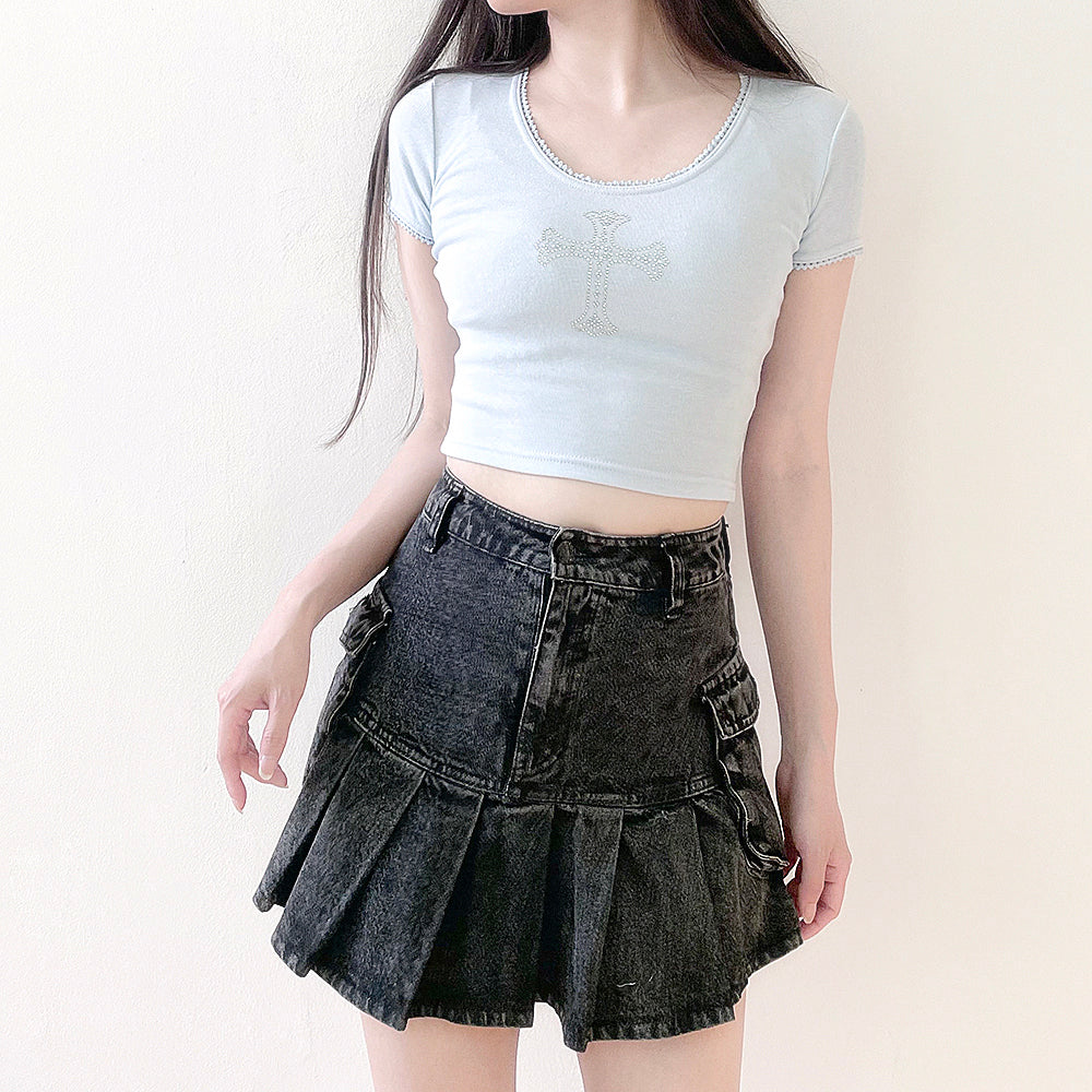 Sparkling Cubic Lace Crop T-Shirt (Sky Blue)