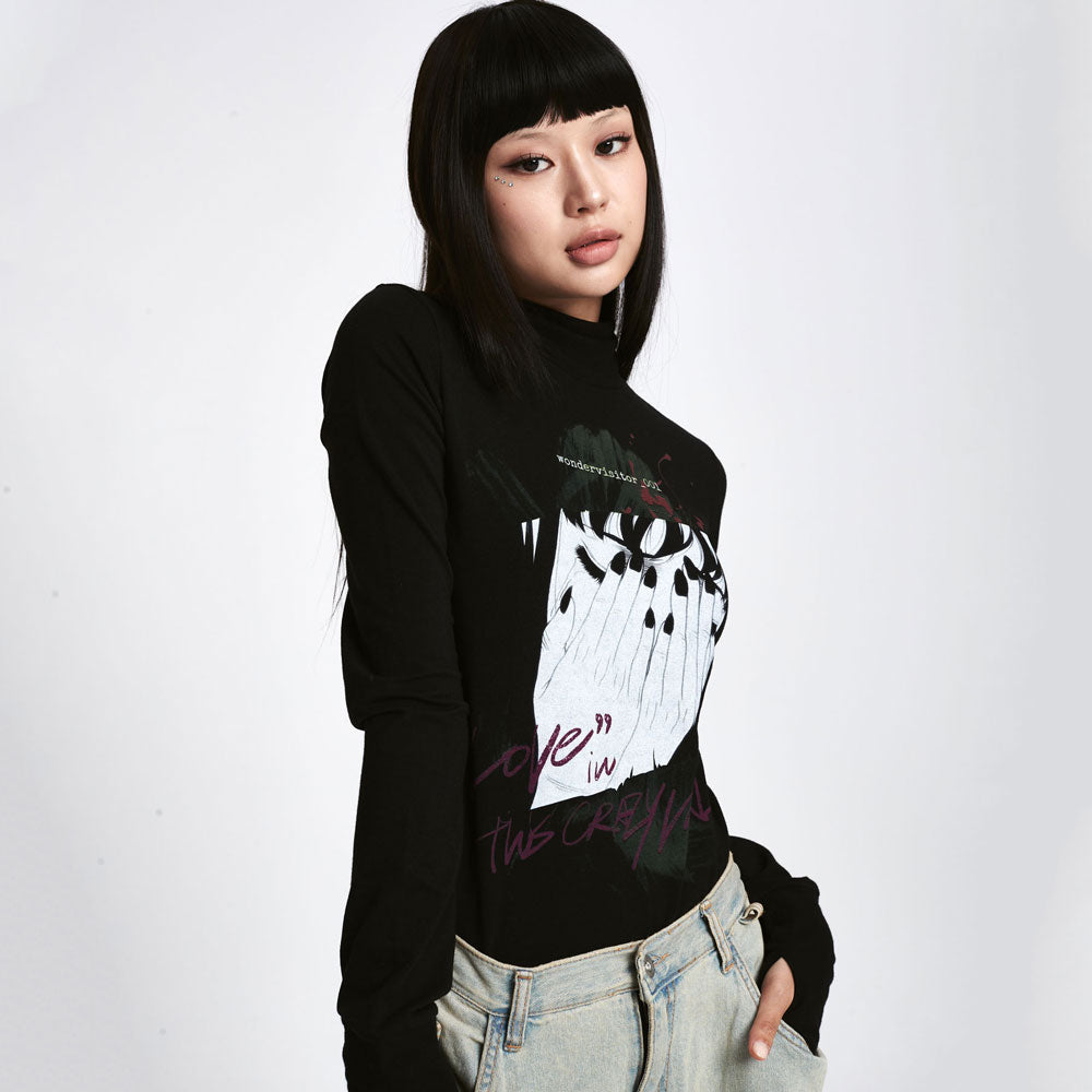 Crying slim Turtleneck Top [Black]