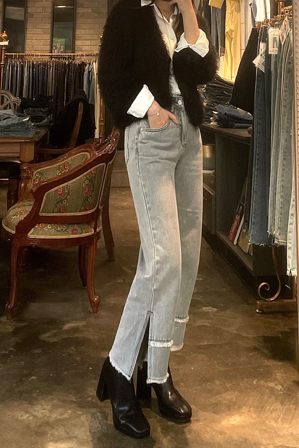 SEMI WIDE FIT SINGLE DIRECTION SLIT GREY DENIM PANTS [17713]