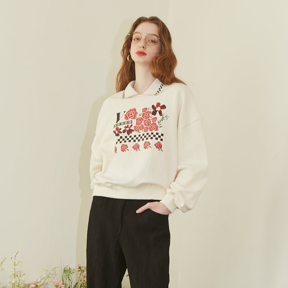 Check-Rose Collar Sweatshirt