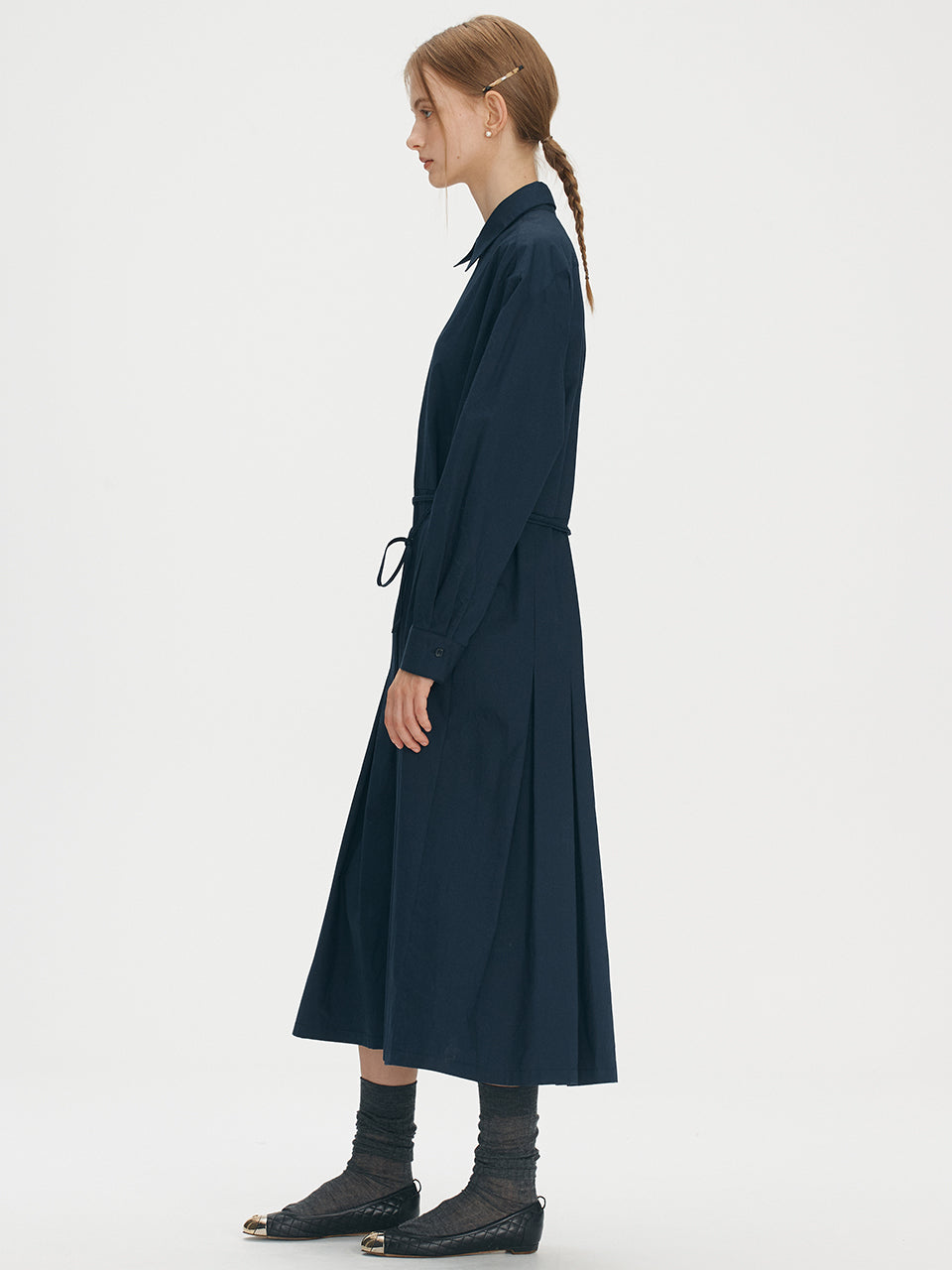 Volume sleeve cotton shirts dress - Navy