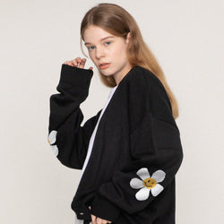 [UNISEX] Elbow Flower Smile Knit Cardigan_Black