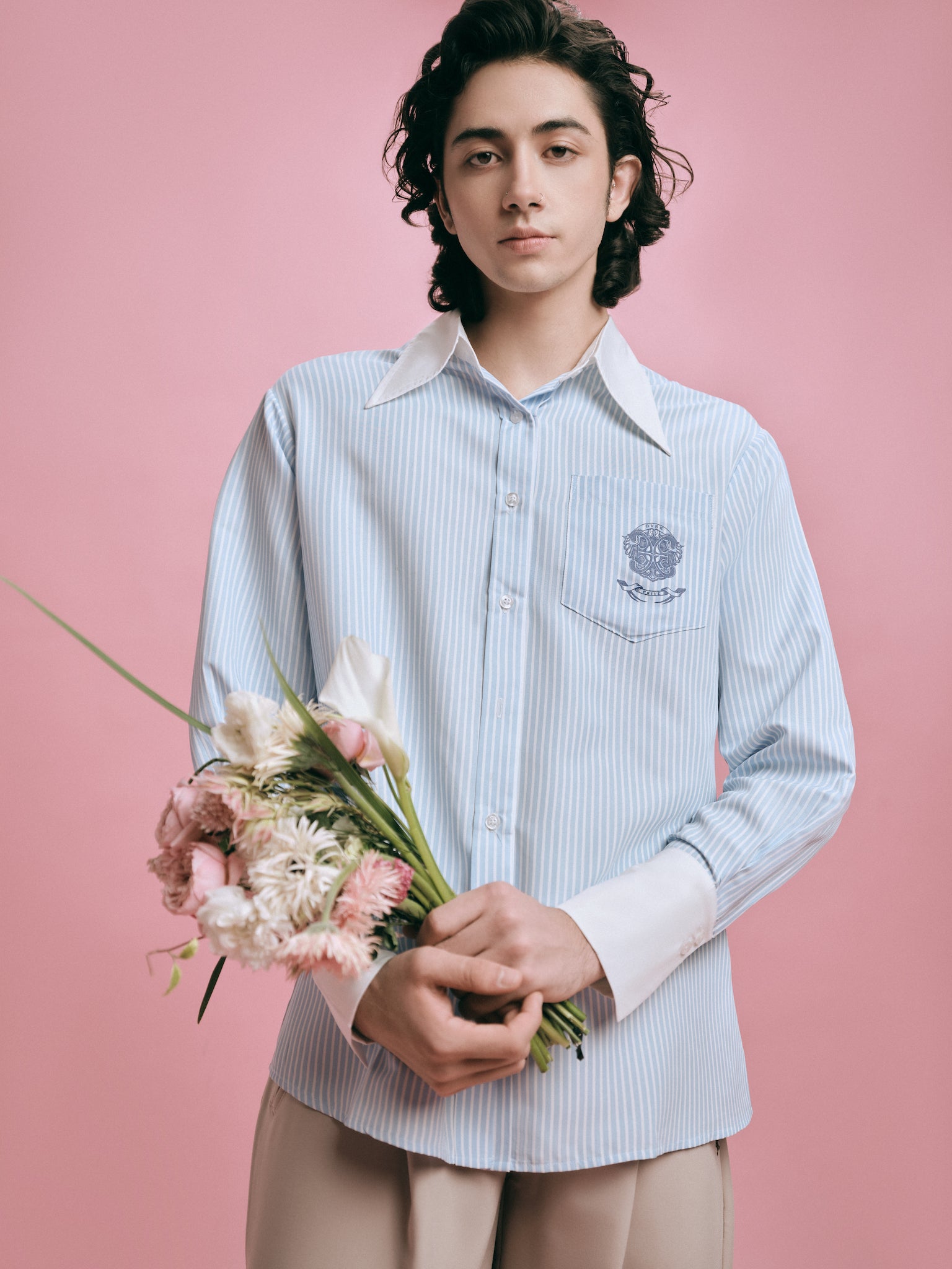 DVRK PRIVÉ LOGO STRIPED OVERSIZED SHIRT - BABY BLUE