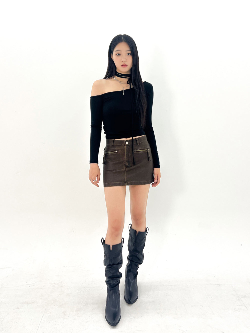 Vintage washing leather low-rise mini skirts (2 Color)