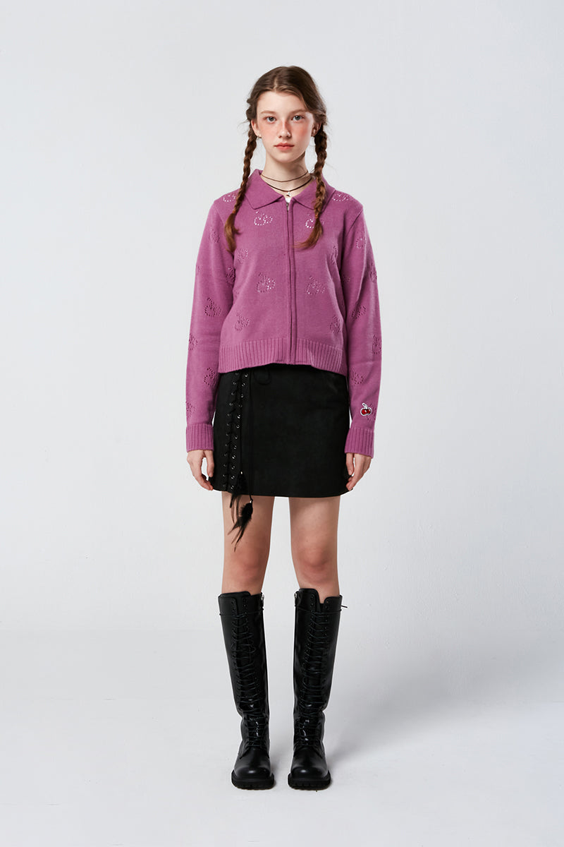 CHERRY COLLAR ZIP UP KNIT KS [PURPLE]