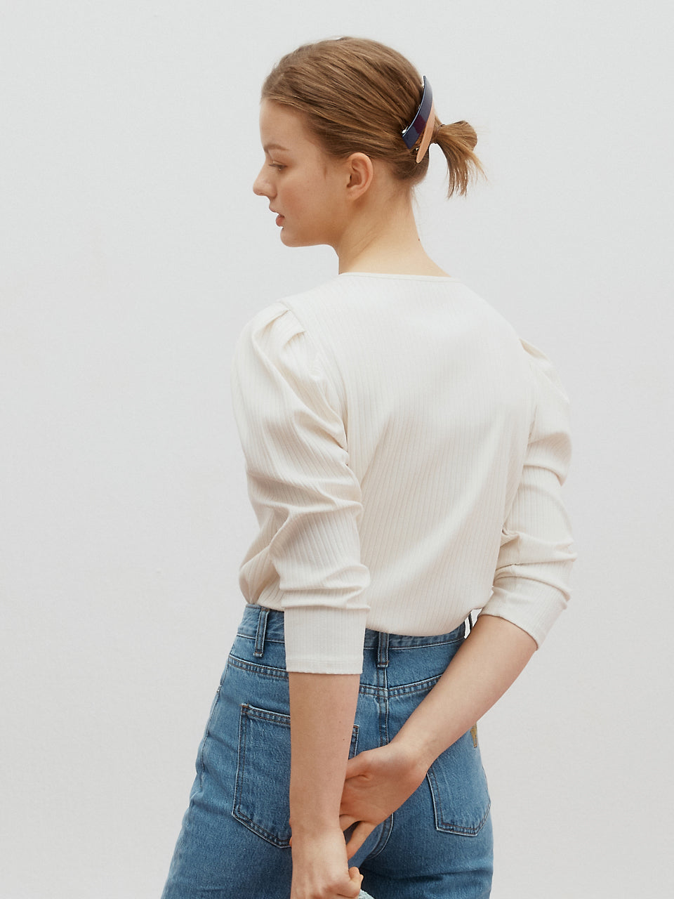 Ribbed  puff top - Ivory