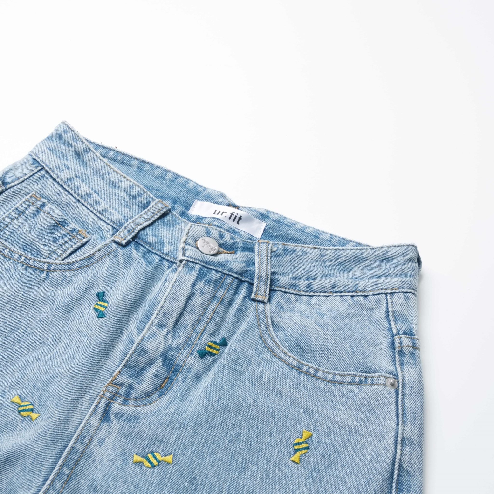 WIDE FIT CANDY EMBROIDERY DENIM PANTS