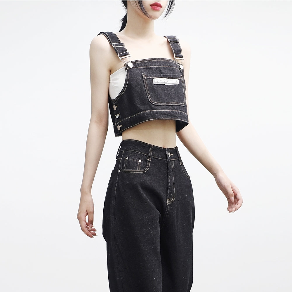 Pocheron Cropped Suspenders Denim Two Piece