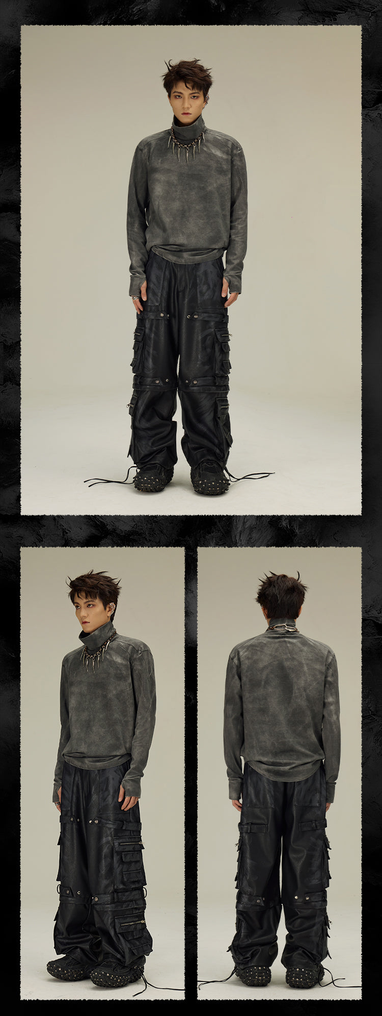  detachable multi-pocket cargo grained mud-dyed leather pants