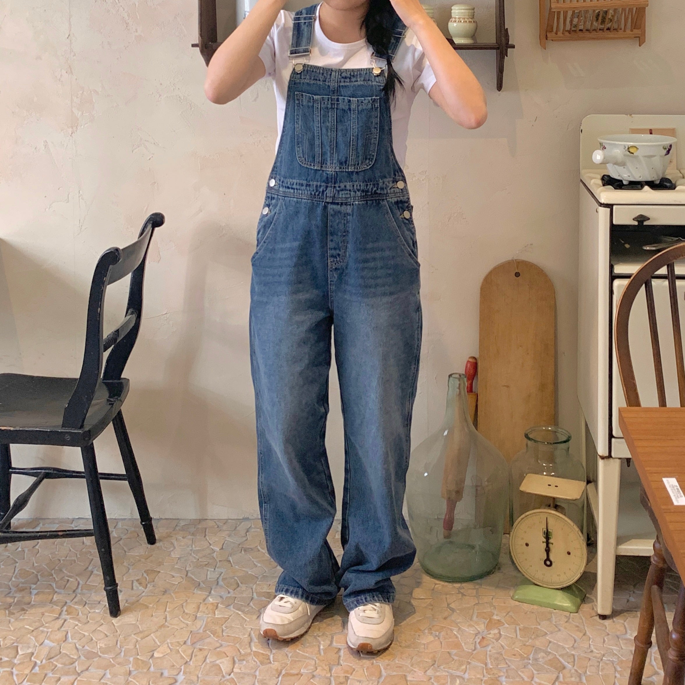 French wide denim overalls suspenders jumpsuit