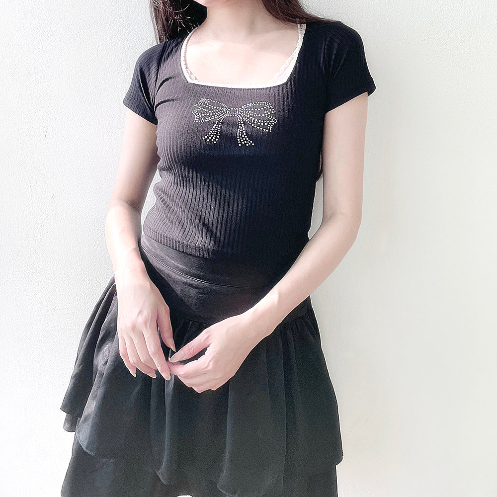 Shine Ribbon Cubic Lace T-Shirt (Black)