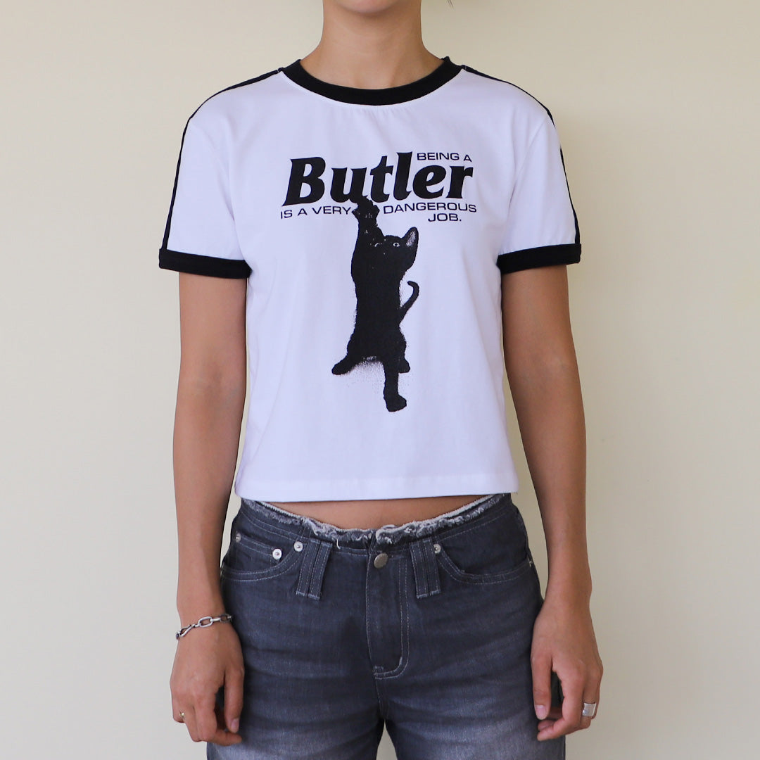 CAT BUTLER CROP T-SHIRT (WHITE)