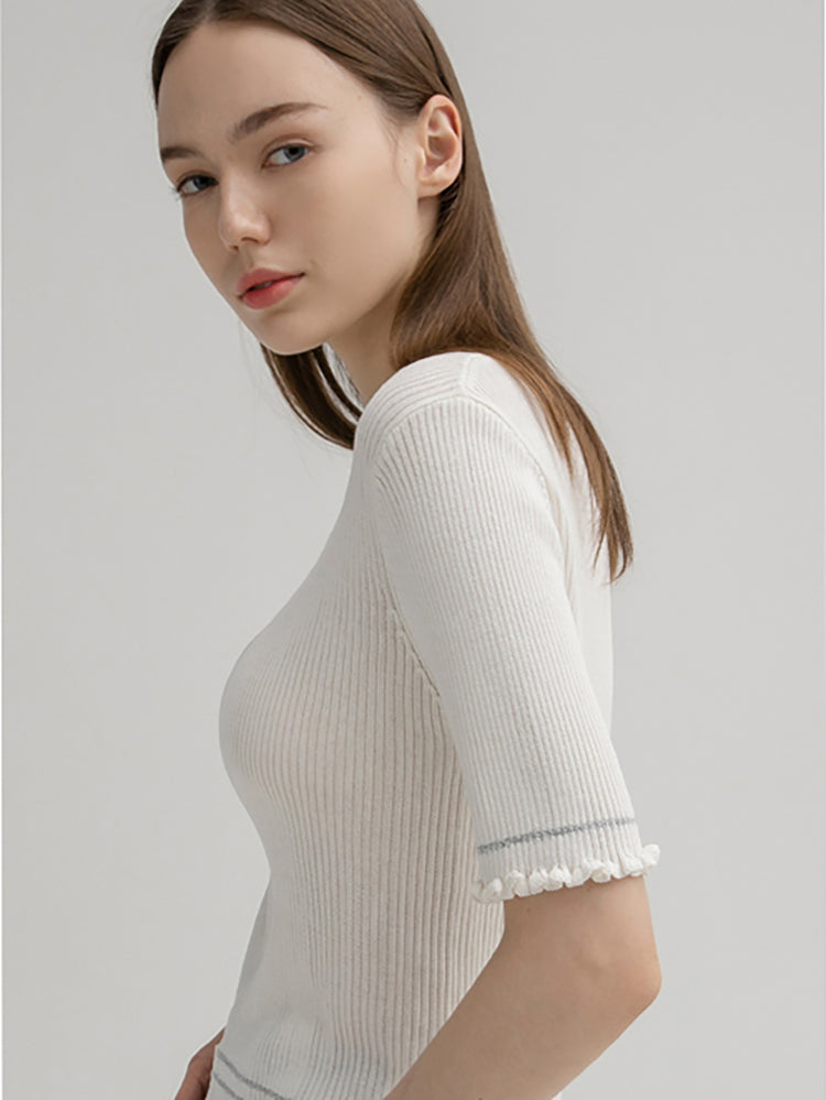 (T-6415) Metal line frill slim knitwear