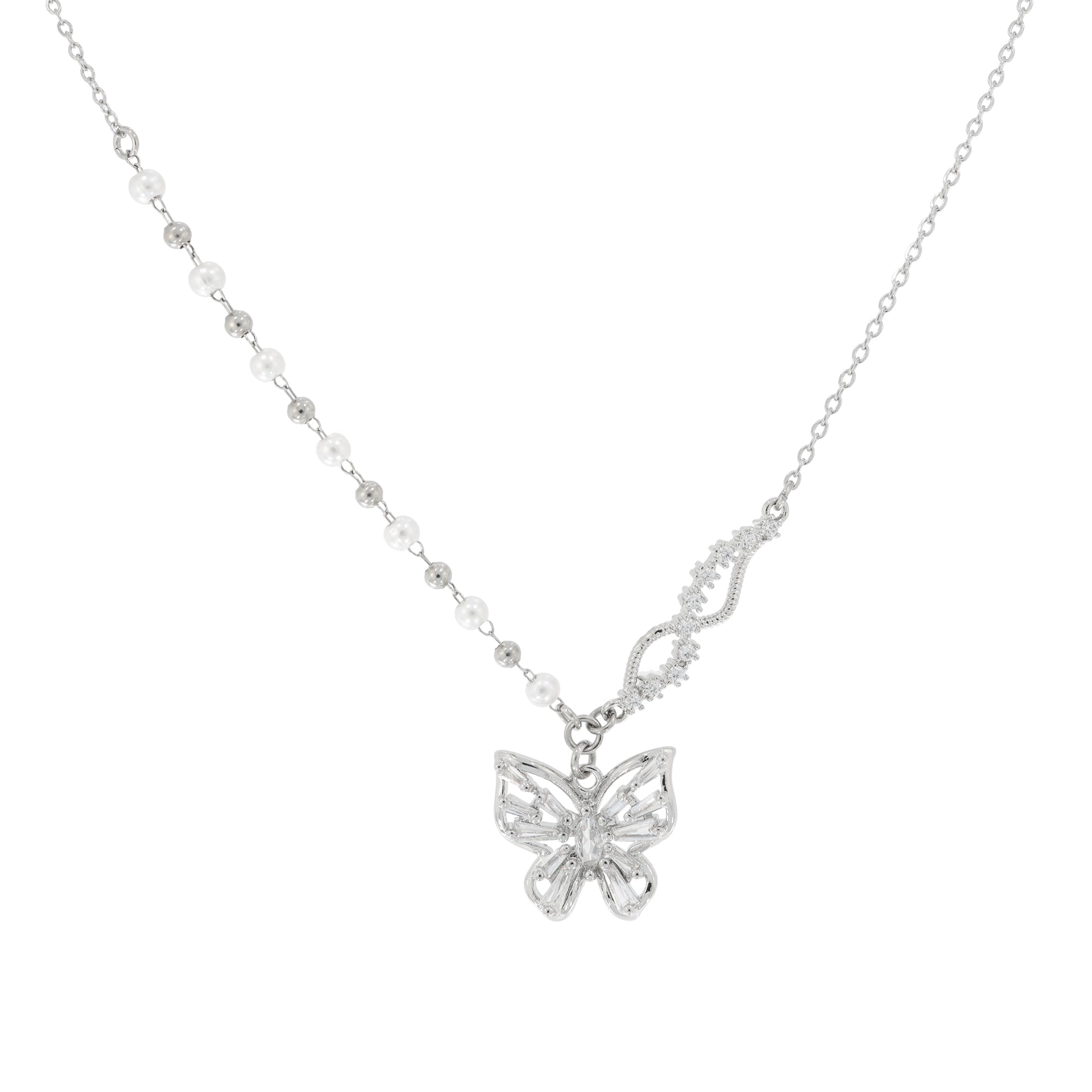 Cubic Wave Butterfly Pearl Necklace