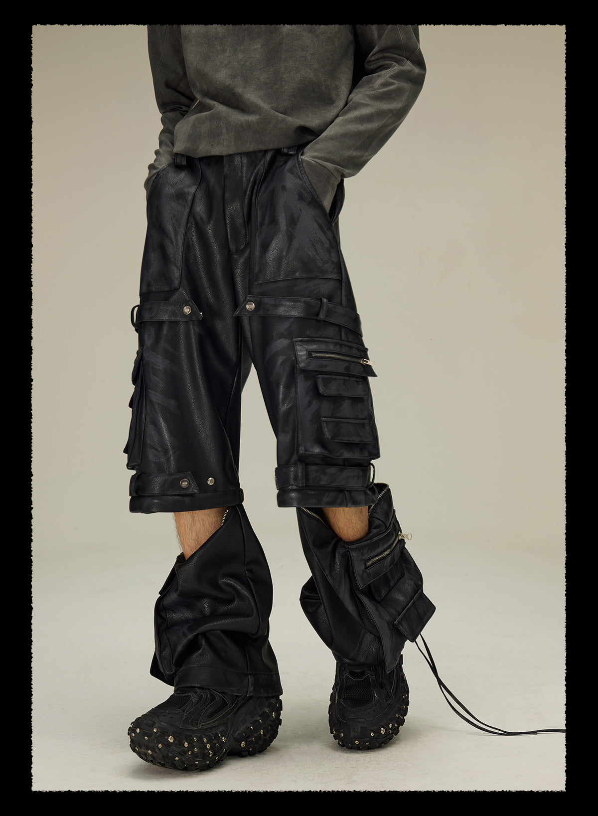  detachable multi-pocket cargo grained mud-dyed leather pants